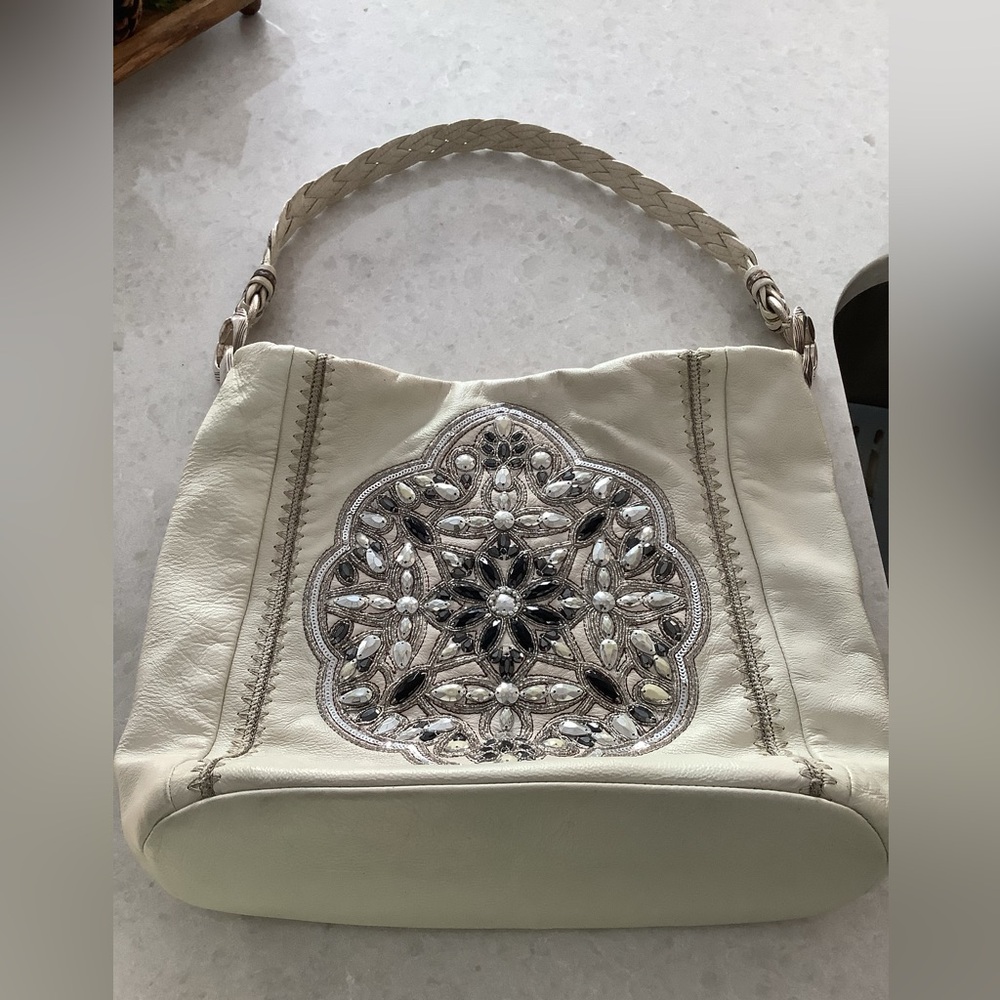 Brighton Anju Masterpiece Cream Sequins Jeweled Soft Leather Bag